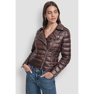 DKNY Jeans Womens Brown Metallic Moto Puffer Jacket Quilted Asymmetric sz L